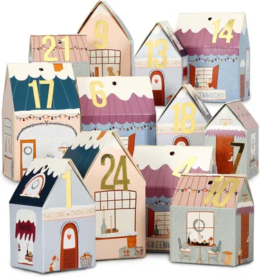 Produktbild von DIY-Adventskalender zum Basteln und Befüllen - Häuser-Set - Buntes Weihnachtsdorf - Wiederverwendbar