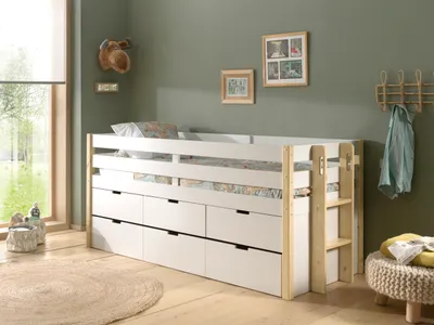 Produktbild von Vipack - Halbhohes Margrit Bett mit Rolllattenrost, Liegefläche 90 x 200, inkl. 3 Schubladen, inkl. Bettschublade auf Rollen, Ausf. Weiß lackiert, Bettpfosten Kiefer natur lackiert