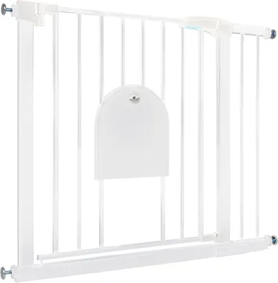 Produktbild von QEENTOE Sicherheitsgitter, Hundegitter für Türdurchgänge und Treppen (85-95 cm), integrierte Haustierklappe, 10 cm Verlängerung inklusive, Weiß