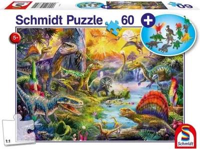Produktbild von Puzzle Dinosauriermit Figuren, Schmidt Spiele, 60 Teile, 36,1 x 24,3 cm, ab 5 Jahren
