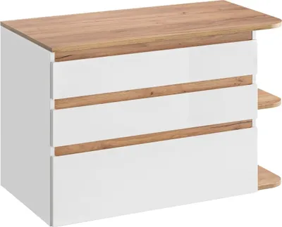 A white and wood-tone bathroom cabinet with three drawers.