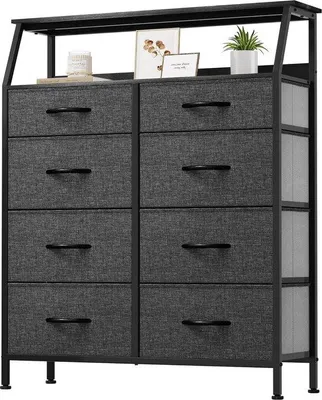 Produktbild von Famanu Ladekast mit 8 Schubladen - Metallrahmen - Holzoberfläche - Stoffdressoir - Schwarz/Grau