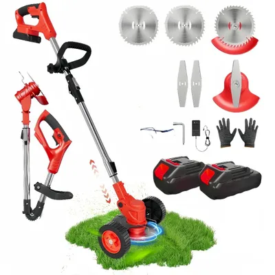 A collection of cordless grass trimmers and accessories displayed on a white background with a patch of grass.