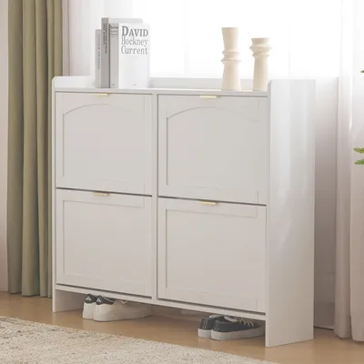 Image de OKWISH Meuble à Chaussures - Armoire à Chaussures avec Compartiments Abattants et Étagère Ouverte, Optimisation de l'Espace, MDF, Blanc 110x24x90 cm