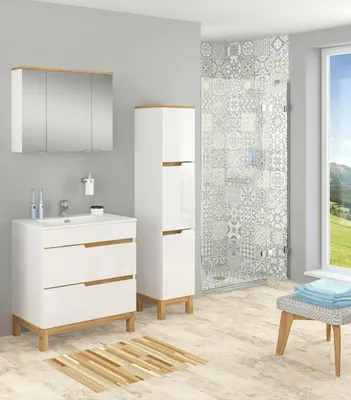 Produktbild von Badmöbel Set SPEK 80 mit Waschbecken Keramik WEISS HOCHGLANZ / EICHE MATT Waschtisch, Spiegelschrank Hochschrank