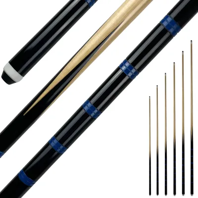 A billiard cue is shown diagonally against a white background, with several smaller cue tips lined up on the right side.