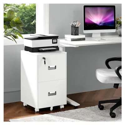 Produktbild von Rollcontainer, Aktenschrank, abschließbarer Büroschrank mit Hängeregistratur und 2 Schubladen für Arbeitszimmer/Büro/Wohnzimmer in Weiß