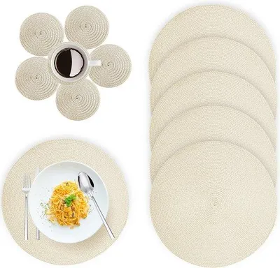Zdjęcie produktu dla Zestaw 6 podkładek pod talerze i podstawek Famanu, kolor beżowy, średnica 38 cm (15 cali)