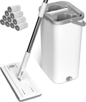 Produktbild von Masthome Bodenwischer Set mit Eimer und 10 Mikrofaser Moppkopf, Edelstahlgriff