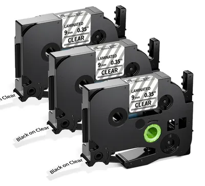 Immagine prodotto di Nastro per etichette Tze-121, 9 mm, nero su trasparente, confezione da 3