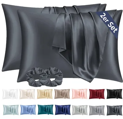 Produktbild von Set mit 2 Satin-Kissenbezügen, 40 x 80 cm, dunkelgrau, seidenweich und pflegeleichter als Seidenkissenbezüge. Inklusive 2 Haargummis.