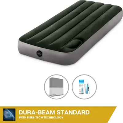 Produktbild von Intex Luftbett - 1 Person - 76 x 191 x 25 cm - Grün - Mit eingebauter Fußpumpe + Spannbettlaken Anthrazit + Reperaturset