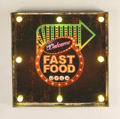 Zdjęcie produktu dla Podświetlany znak 237681 FAST FOOD znak ścienny LED metalowy znak 40 cm wyświetlacz wiszący znak