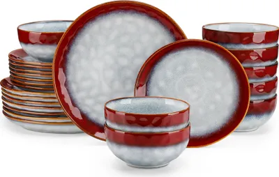 Obrázek produktu pro Červená sada keramického nádobí, elegantní design, vhodná do mikrovlnné trouby, 24 kusů