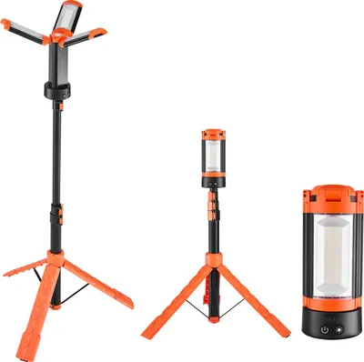 Zdjęcie produktu dla SucceBuy reflektor budowlany LED ze statywem, przenośna lampa robocza 10 Ah, ładowalna lampa kempingowa, wyposażona w 3 głowice, odłączany statyw, 2200 LM, możliwość ściemniania od 3000 K do 6500 K, idealna do oświetlenia placu budowy