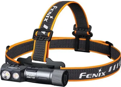 A Fenix HM71R rechargeable headlamp is shown against a white background.