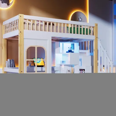 Produktbild von Merax Etagenbett Hochbett 90x200cm mit LED, Fensterform, Schreibtisch, Stauraum, Ablageleiter, Steckdose, Kinderbett Jugendbett, Stockbett, Weiß+Natur