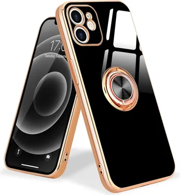 Immagine prodotto di Custodia in silicone per Apple iPhone 12, nera e dorata + anello e cordino A2172