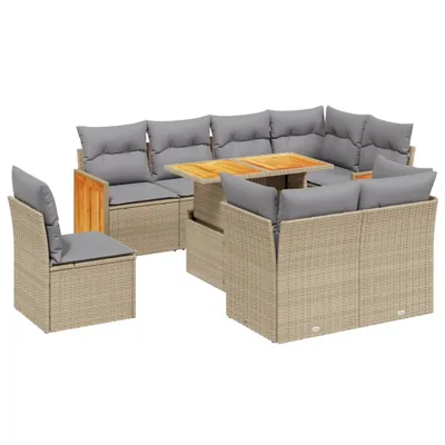 Produktbild von 9-tlg. Garten-Sofagarnitur mit Kissen Beige Poly Rattan