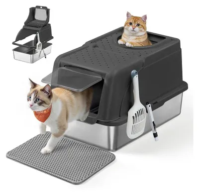 Produktbild von Katzentoilette aus Edelstahl mit Schaufel und Bürste für große Katzen | Tintenschwarz | 41x61x36,5 cm