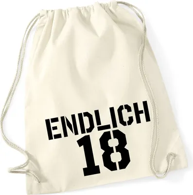 Produktbild von Huuraa Turnbeutel Endlich 18 Schriftzug 12 Liter Natural Baumwolle Rucksack Geschenkidee