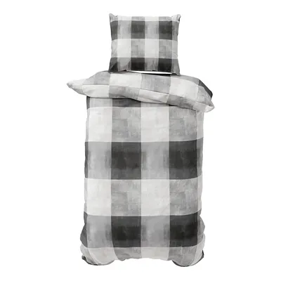 A duvet cover and pillowcase set with a buffalo plaid pattern.