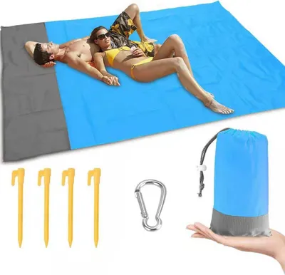 Immagine prodotto di Leggero, color sabbia, tappetino da spiaggia , tappetino da spiaggia da viaggio e da campeggio, coperta da picnic pieghevole e portatile, blu