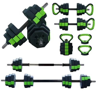 Produktbild von 4-in-1 Heimtrainingsset - Verstellbares Kurzhantel Set 20 kg - Freie Gewichte - Kettlebell Stange - Liegestützgriffe - Arm Krafttraining