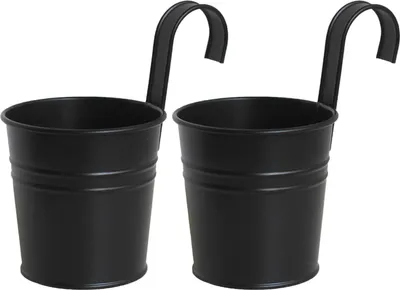 Image de 2Pcs Iron Flower Bucket Simple Black Metal Hanging Flower Pot with Removable Hook for Garden Home Decor (seau à fleurs en fer) avec crochet amovible pour le jardin et la maison
