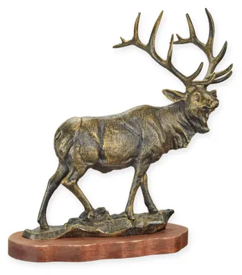 Produktbild von Gusseisenfigur eines Hirsch auf Holzsockel Replikat Retro Design Dekoration