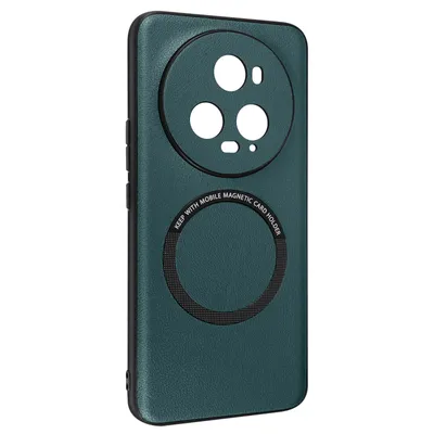 A dark green phone case with a circular camera cutout and a circular magnetic ring for MagSafe accessories.