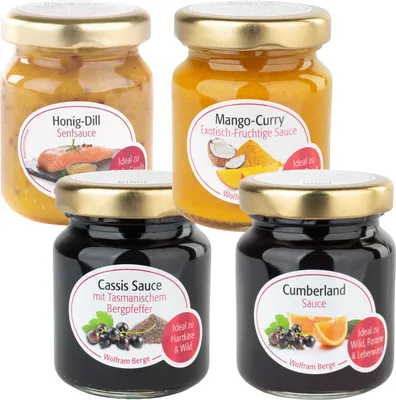 Produktbild von W. Berge Feinkostsaucen Menage 4 Stck. Mango Honig-Dill Cassis Cumberland
