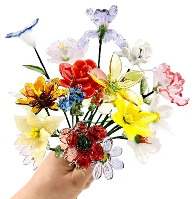 Produktbild von Handgefertigte Glasblume mit Drahtstiel, mundgeblasen, farbig glasiert, Mini-Blumenfigur, Dekoration für Wohnzimmer, Büro, Tisch, Blumenvase, Ornament