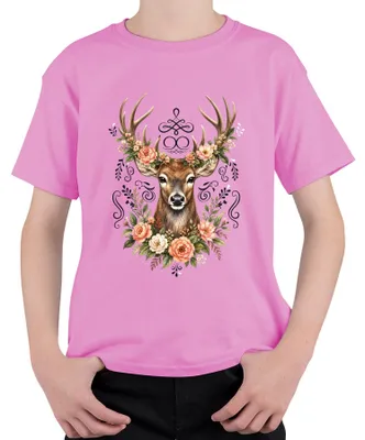 Productafbeelding van Elegant hert, bloemenkrans, gewei, bos, boho, natuur, leren broek, ree, kinder T-shirt, roze, maat 104