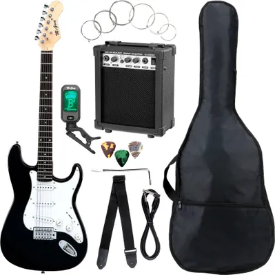 A black electric guitar starter kit laid out on a white background.