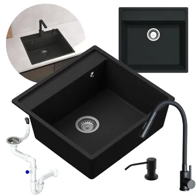 Produktbild von GRANMASTER Magma Granitspülbecken Komplett-Set Flexiblen DUAL Wasserhahn, Siphon, Seifenspender – 1-komoriger Spülbecken kratzfest hitzebeständig mode