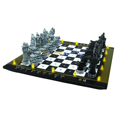 A Harry Potter themed electronic chess set with illuminated squares and pieces.