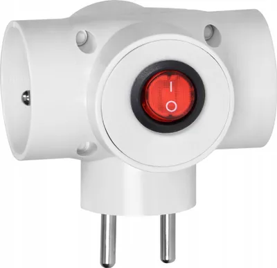 A white electrical adapter with a red switch.