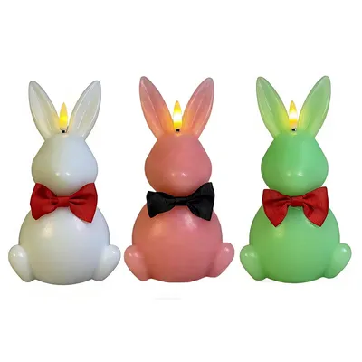 Produktbild von 3 Stück LED Osterhasen Kerzen Set flammenlos mit Fernbedienung Oster Dekolicht für Frühling Zuhause 10 x 18,5 cm