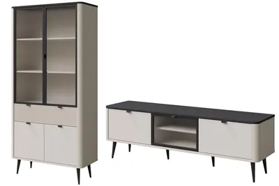 Produktbild von Wohnzimmer-Set Marly Wohnwand-Set Vitrine Lowboard Farbe wählbar,Kaschmir / Graustein
