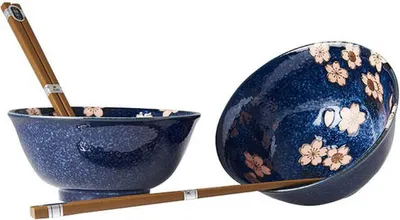 Produktbild von Schüssel-Set mit Essstäbchen Pink Sakura Navy Blue 4-teilig Essservice für 2 Personen