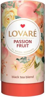A cylindrical tea tin with floral and fruit illustrations.
