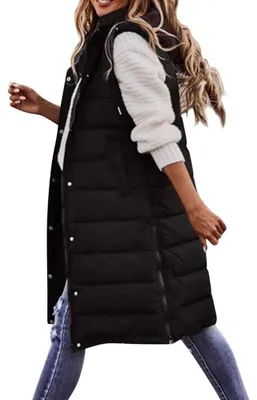 Produktbild von Damen-Daunenweste, langer ärmelloser Wintermantel mit Kapuze, lange Steppweste mit Kapuze, warme und elegante Oberbekleidung, Mantel, Jacke, Parka