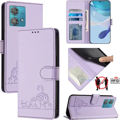 Produktbild von Leder Hülle für Motorola Edge 40 Neo Süße Katze Flip Case Brieftasche Schutzhülle mit Standfunktion Lila