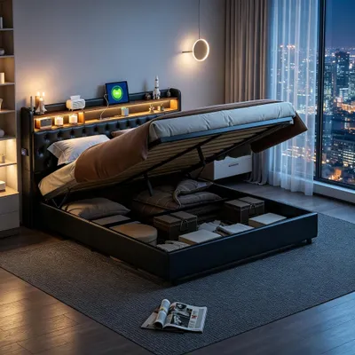 Immagine prodotto di Letto imbottito INONEFT 180x200 cm con funzione di ricarica (USB e Type-C), letto matrimoniale per ragazzi con rete a doghe, letto contenitore tipo boxspring con LED, rivestito in PU, colore nero