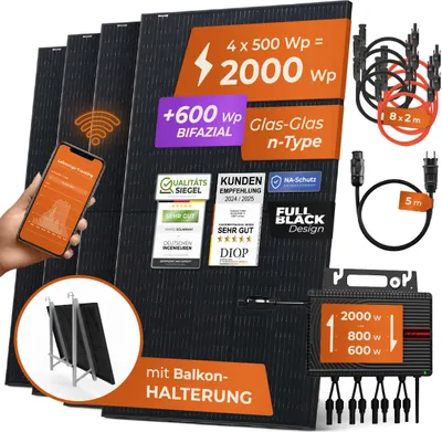 Produktbild von Solarway® Balkonkraftwerk 2000W Komplettset für Steckdose mit 600-2000W Envertech Wechselrichter Solaranlage - Balkon Halterung
