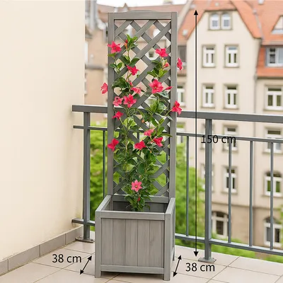 Produktbild von Pflanzkasten mit Rankgitter aus Holz grau Blumenkasten für Terrasse, Balkon und Garten
