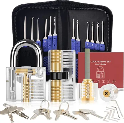 Produktbild von 37 Stück Lockpicking Set, [Schwierigkeit Upgrade] Dietrich Set mit 4 Transparente Schlösser und 4 Schwarze Verschlusshülsen, Handbuch für Anfänger