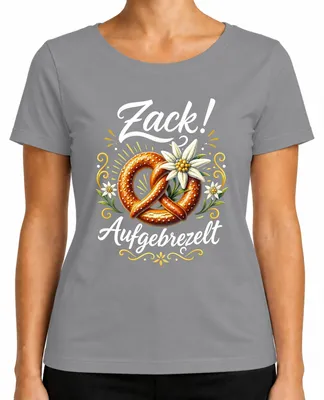 Productafbeelding van Zacht gebakken pretzel, edelweiss, traditioneel Alpendorp, dames T-shirt, grijs, maat 3XL