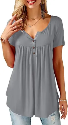 Image de ASKSA Chemisier Femme Col V Patte de boutonnage Tunique solide à manches courtes Tops, Gris, XL
